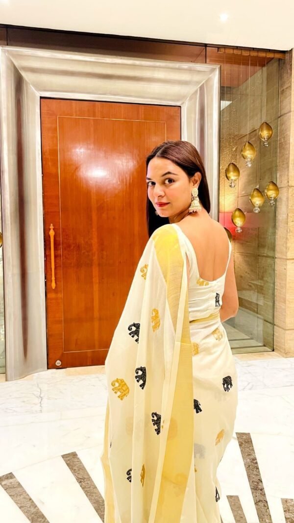 Elephant embroidery golden Jari cotton saree - Image 3