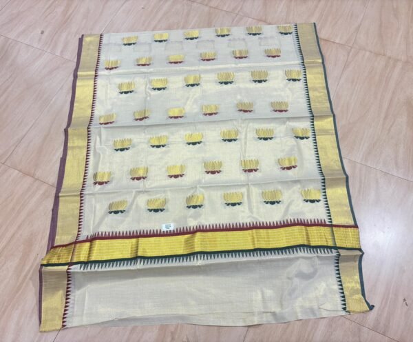 Lotus weave golden tissue saree with temple borders - Image 4