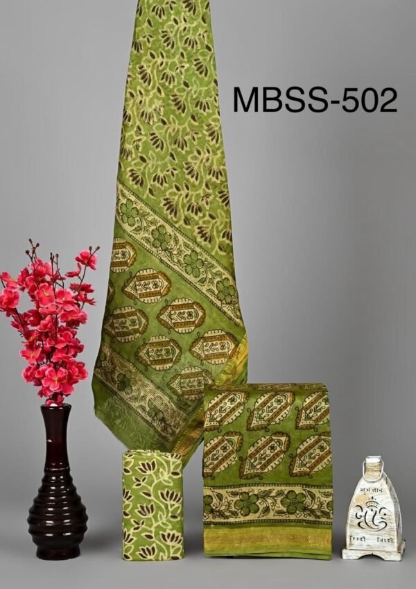 Exclusive New collection of handblock printed 100% pure maheshwari border silk suit sets with cotton bottom . - Image 2