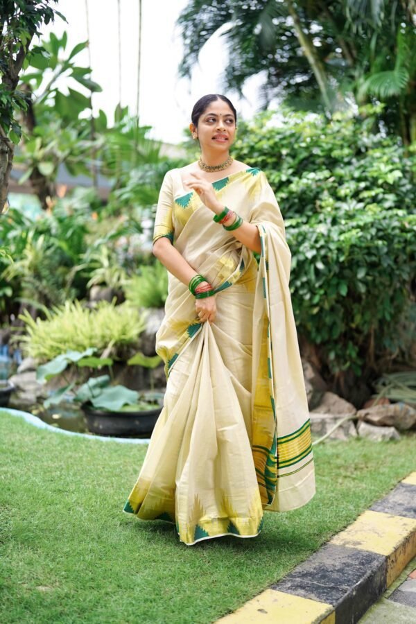 Temple golden tissue saree bottle green - Image 3