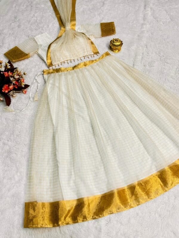 Onam super hit Organza Chex Lehenga Choli with Golden Jacquard work - Image 3
