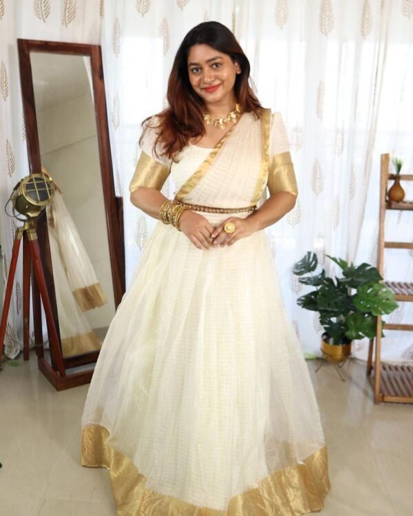 Onam super hit Organza Chex Lehenga Choli with Golden Jacquard work - Image 2