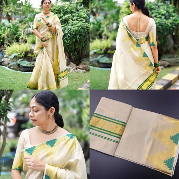 Temple golden tissue saree bottle green - Image 2