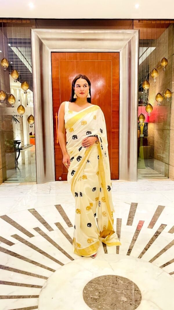 Elephant embroidery golden Jari cotton saree - Image 2