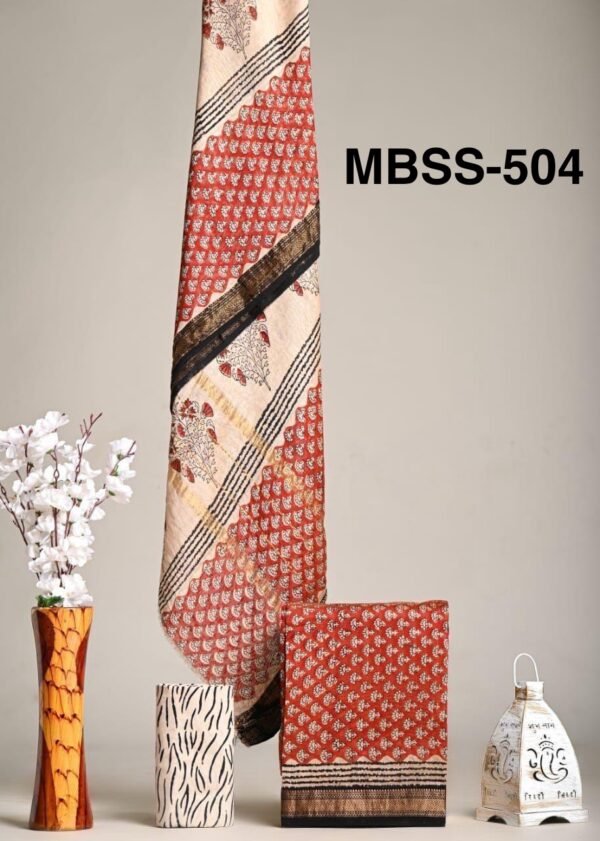 Exclusive New collection of handblock printed 100% pure maheshwari border silk suit sets with cotton bottom . - Image 4
