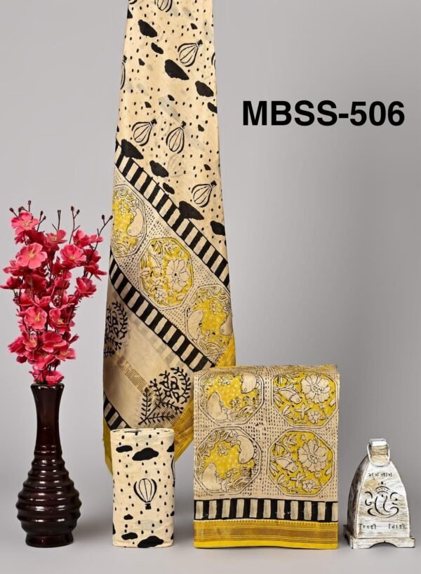 Exclusive New collection of handblock printed 100% pure maheshwari border silk suit sets with cotton bottom . - Image 6