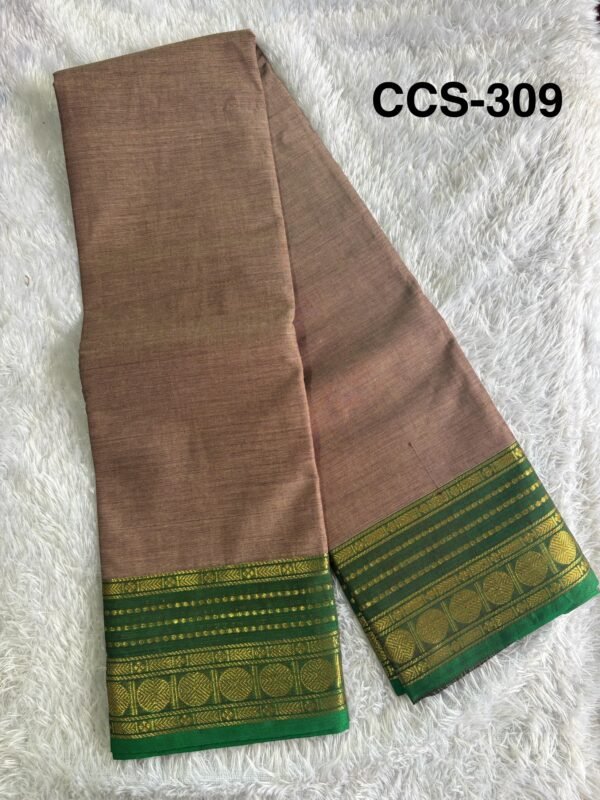Chettinad 80s count cotton saree with blouse and tussels double side big border and body plain - Image 3