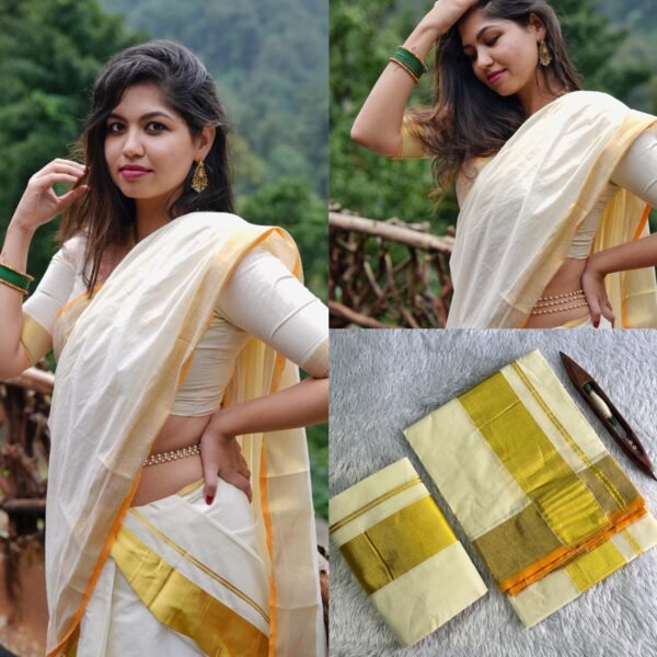 Balaramapuram Handloom Inspired Pure cotton Golden Kasavu Set mundu - Image 4