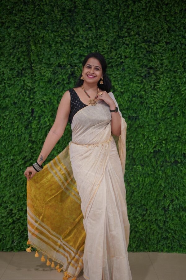 Linen tissue gold saree - Image 3