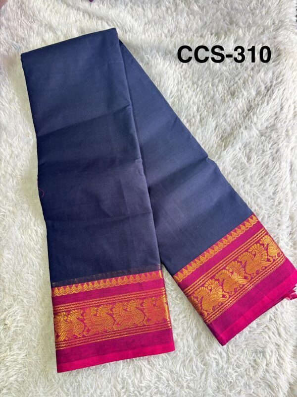 Chettinad 80s count cotton saree with blouse and tussels double side big border and body plain - Image 4