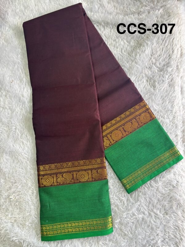 Chettinad 80s count cotton saree with blouse and tussels double side big border and body plain