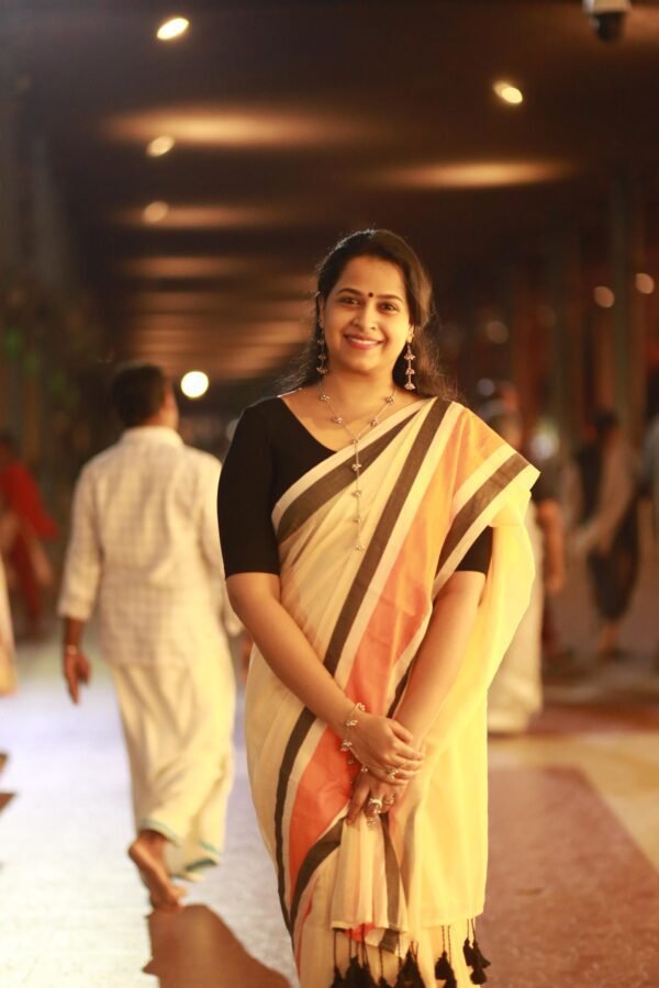 Black and Orange mul mul saree - Image 3