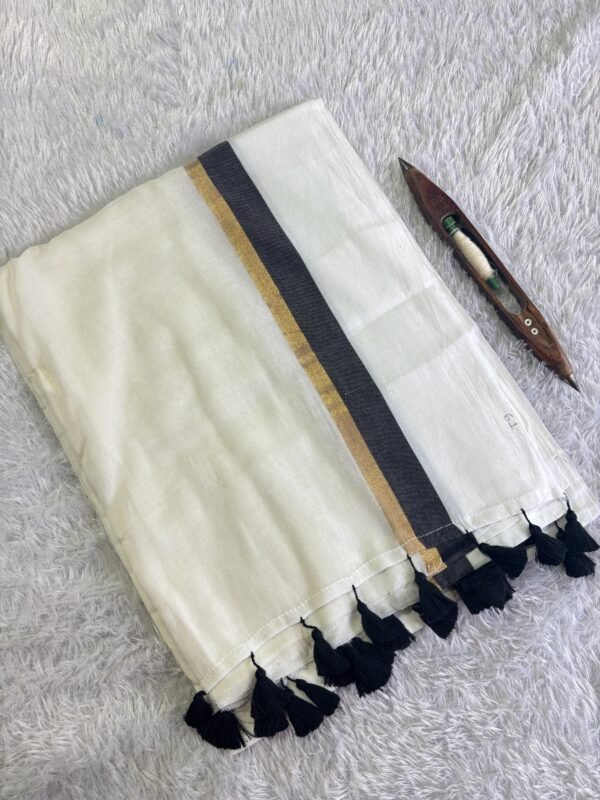 black gold off white mul mul saree - Image 3