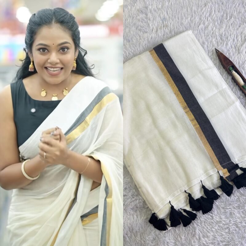 black gold off white mul mul saree