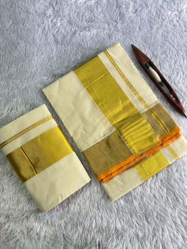 Balaramapuram Handloom Inspired Pure cotton Golden Kasavu Set mundu - Image 3