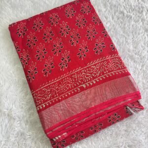 Red Ajrakh HAND BLOCK PRINT Linen cotton saree
