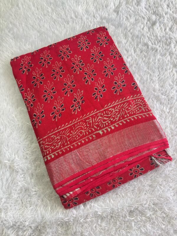 Red Ajrakh HAND BLOCK PRINT Linen cotton saree