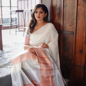 silver and rose gold big border saree