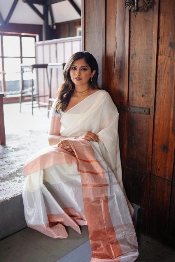 silver and rose gold big border saree