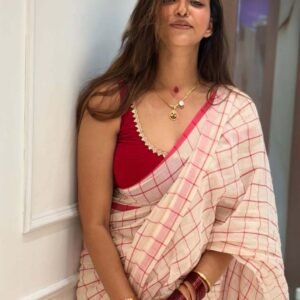 Red Checks MUL MUL cotton Saree
