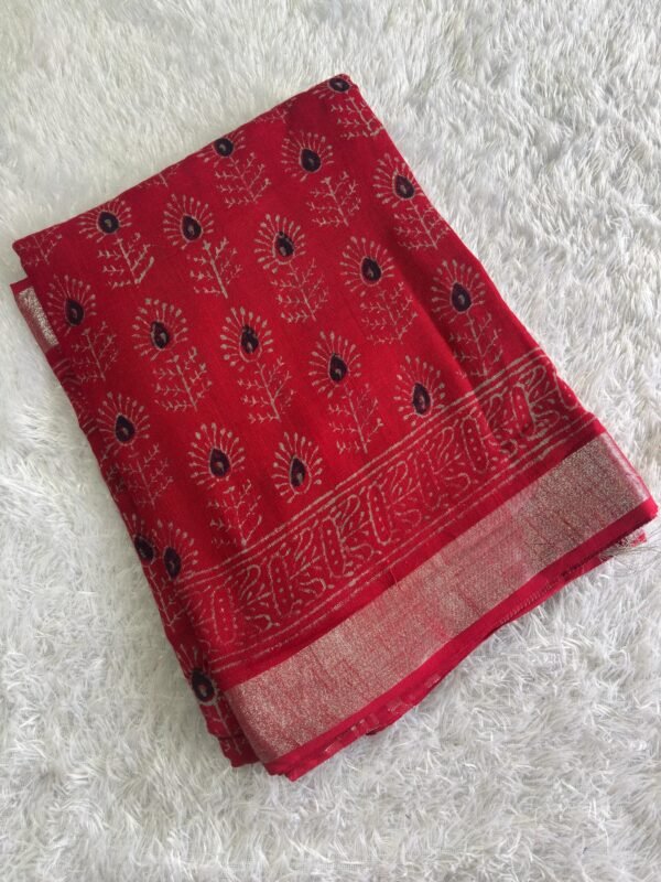 Red Ajrakh HAND BLOCK PRINT Linen cotton saree - Image 2