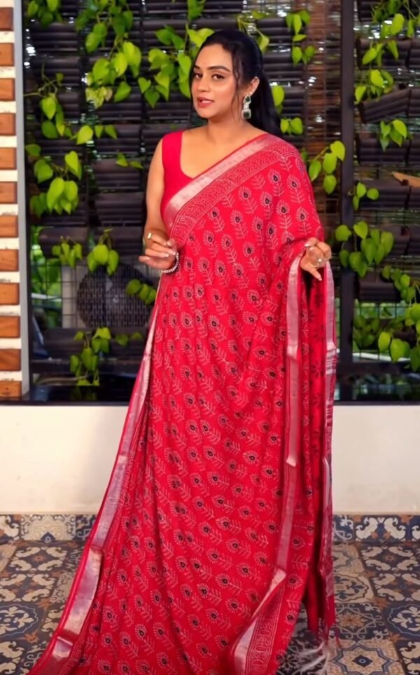 Red Ajrakh HAND BLOCK PRINT Linen cotton saree - Image 3