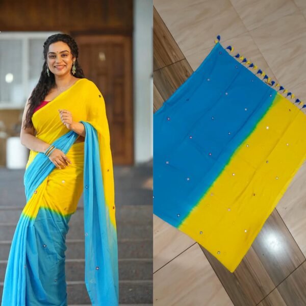 Multi shade glass work mul cotton saree.
