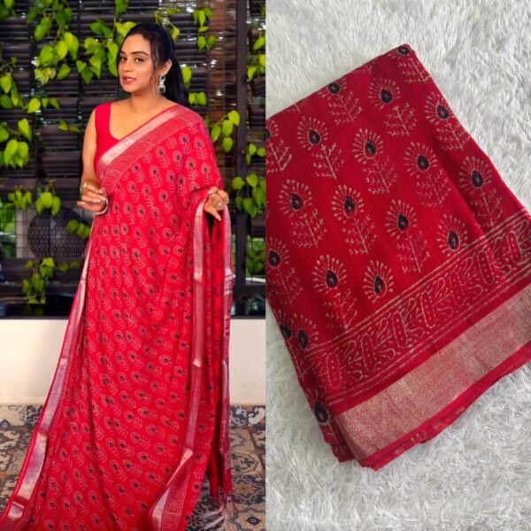 Red Ajrakh HAND BLOCK PRINT Linen cotton saree - Image 4