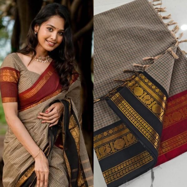 Ganga Yamuna Border checks maroon black border saree - Image 2
