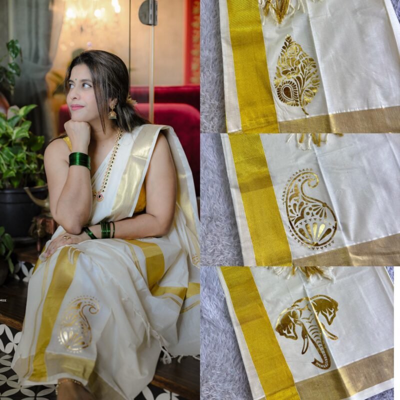 Golden Foil Kasavu Set mundu - Image 4