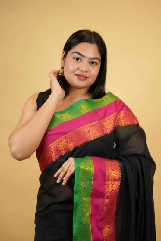 Menaka - Jaq border 3 line MUL Cotton Saree - Image 4