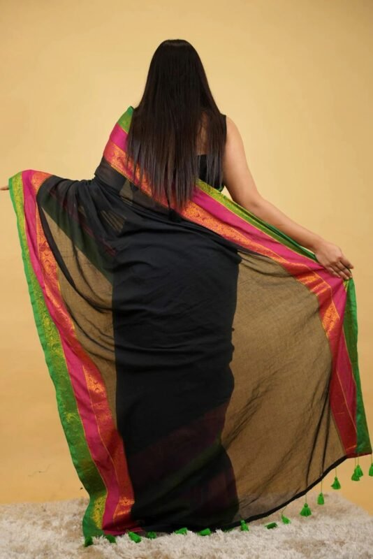 Menaka - Jaq border 3 line MUL Cotton Saree - Image 3