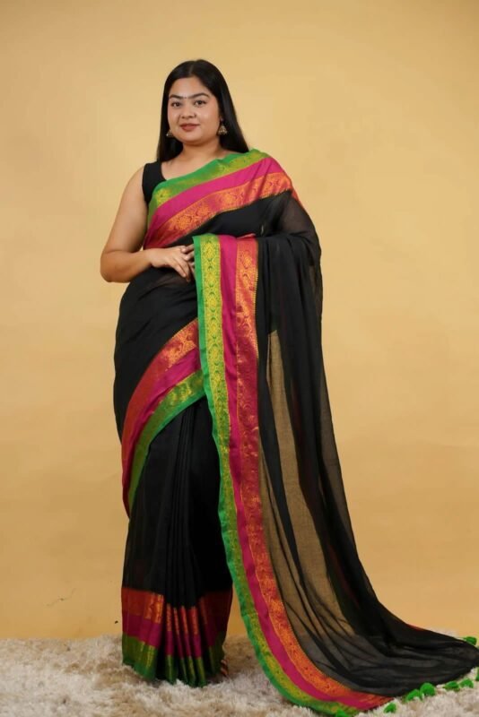Menaka - Jaq border 3 line MUL Cotton Saree - Image 2